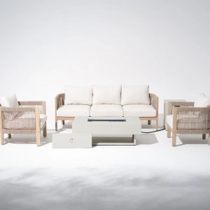 Wooden outdoor furniture set with fire pit table