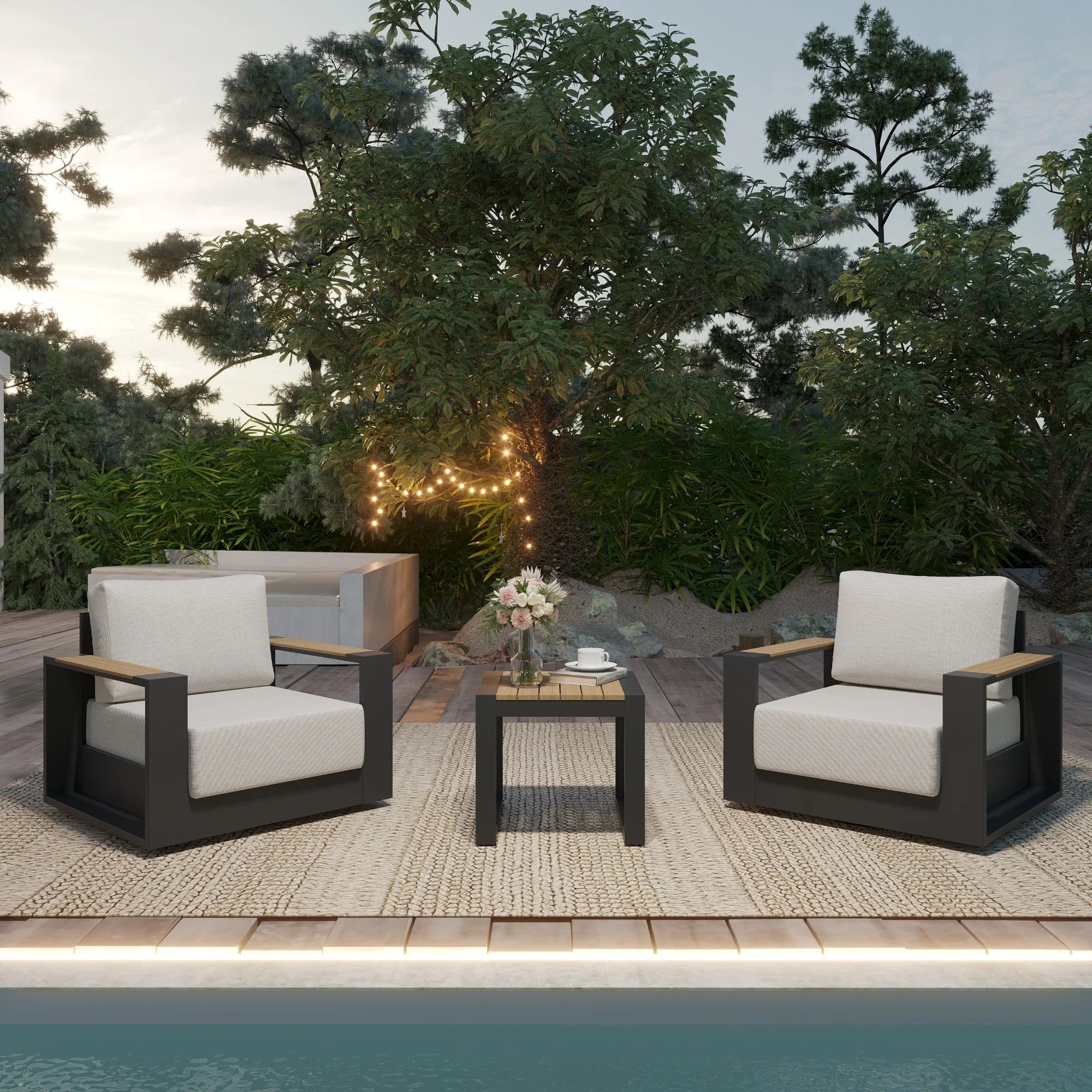3 Piece Outdoor Swivel Chair Set with Side Table Wide Armrests - Image 2