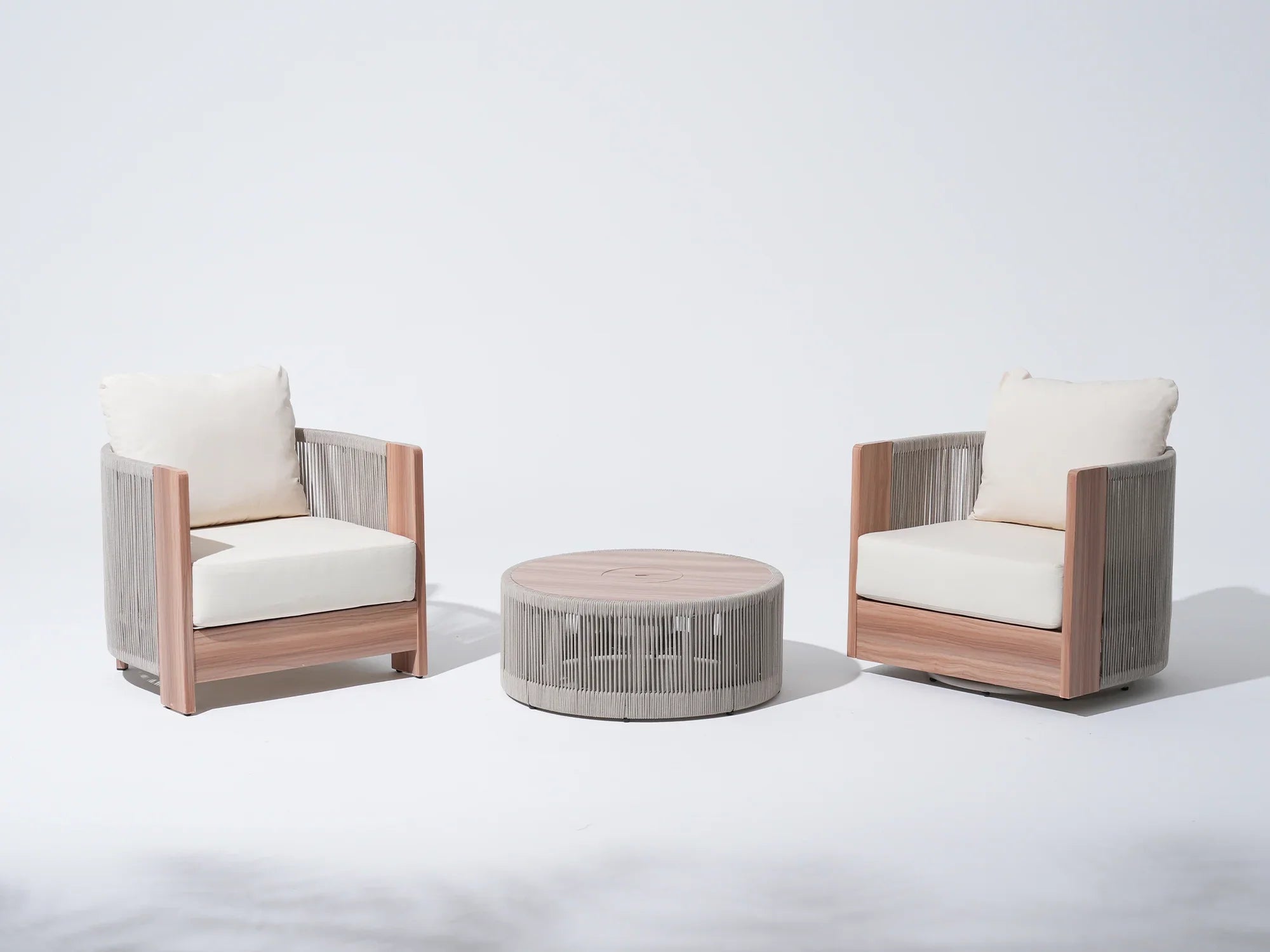 3 Piece Rope Rattan Outdoor Set with Swivel Chair Table - Image 12