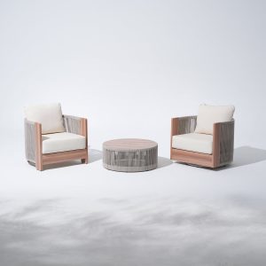 3 Piece Rope Rattan Outdoor Set with Swivel Chair Table