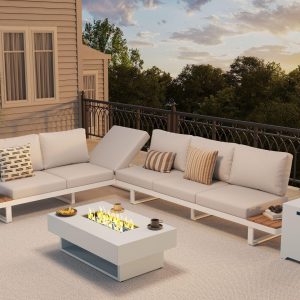 Alternative view of Aluminum l shape outdoor sectional sofa set with fire pit table