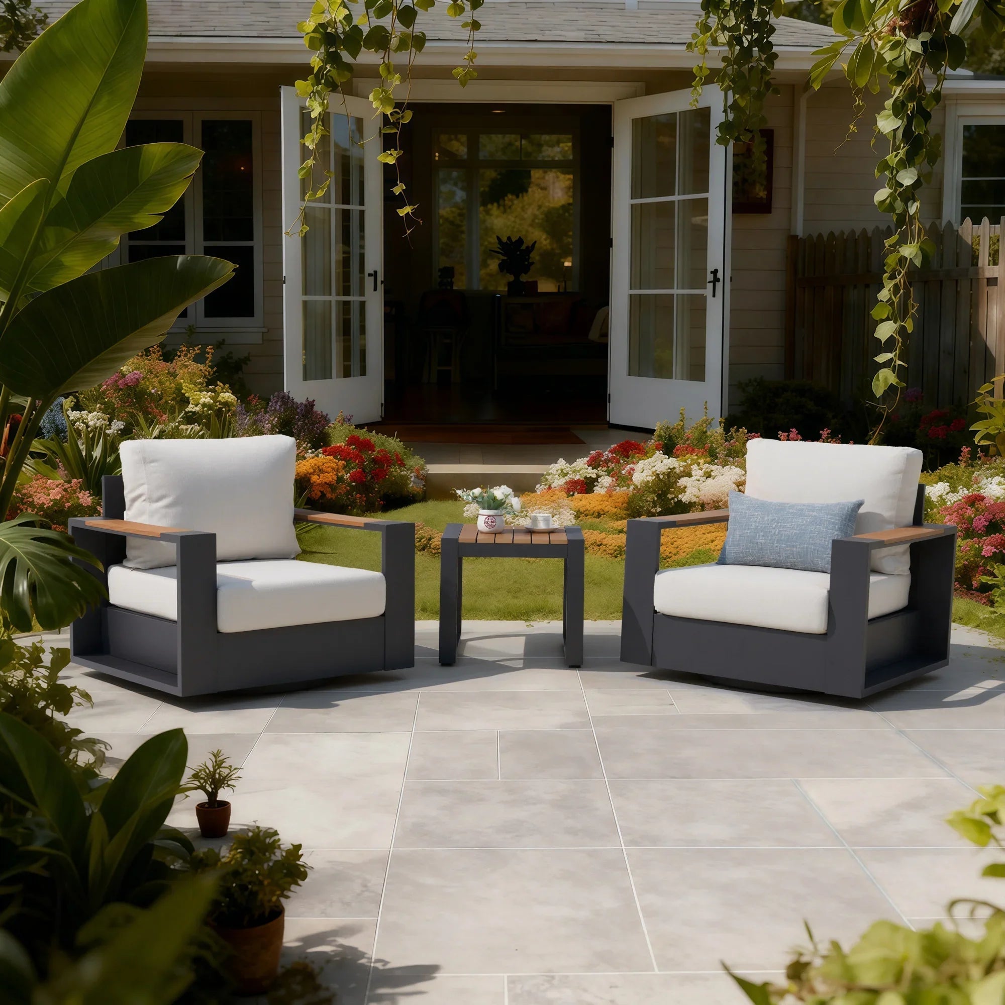 3 Piece Outdoor Swivel Chair Set with Side Table Wide Armrests - Image 3