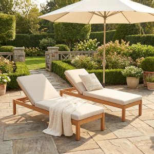 Alternative view of Outdoor chaise lounge adjustable backrest eucalyptus linen cushion