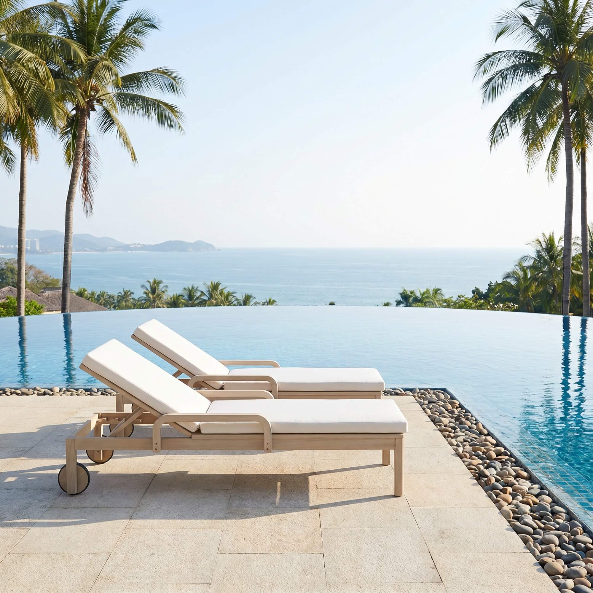 Wooden outdoor chaise lounge adjustable backrest wheels cushion - Image 3