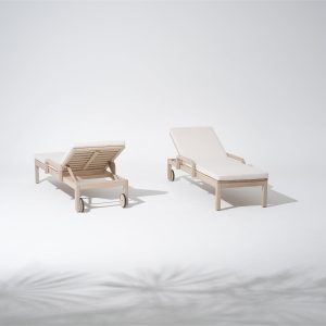 Wooden outdoor chaise lounge adjustable backrest wheels cushion