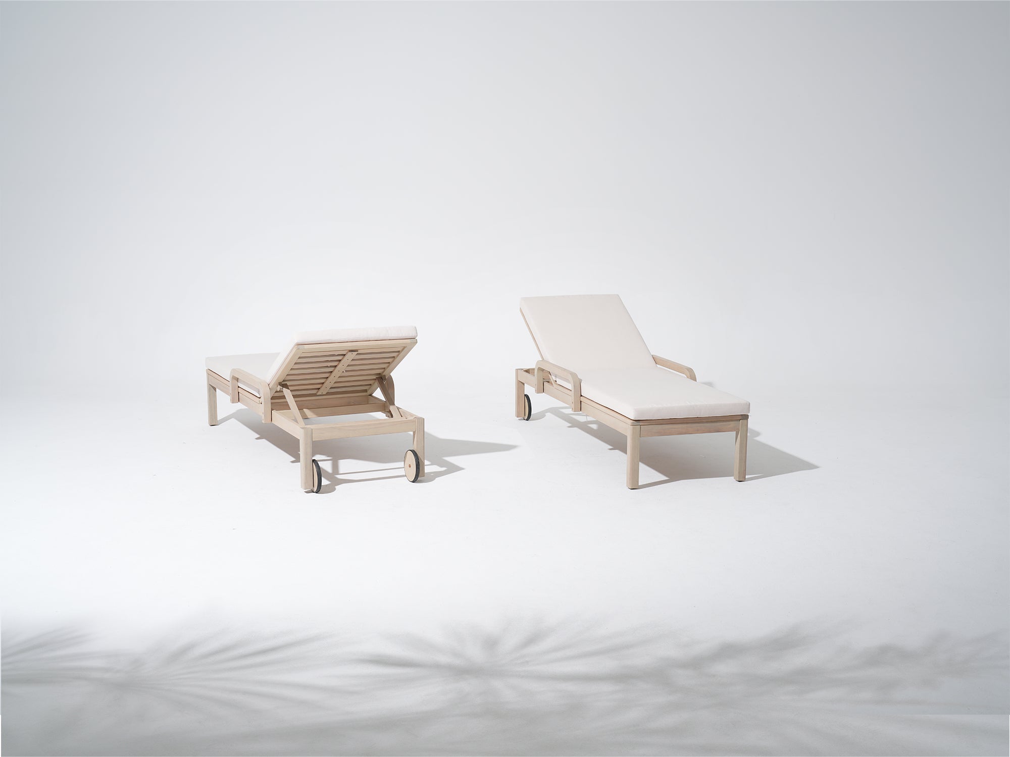 Wooden outdoor chaise lounge adjustable backrest wheels cushion