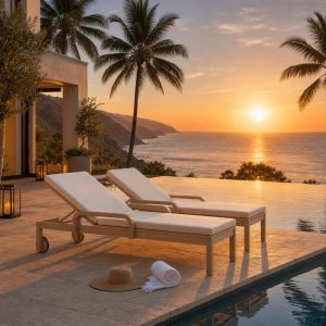 Alternative view of Wooden outdoor chaise lounge adjustable backrest wheels cushion