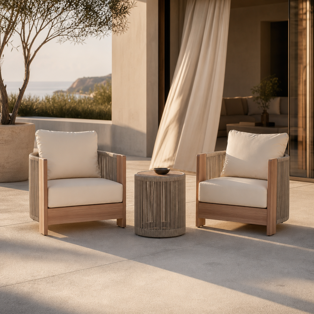 Aluminum Outdoor Bistro Set with Rope Rattan Wood Look Finish - Image 2