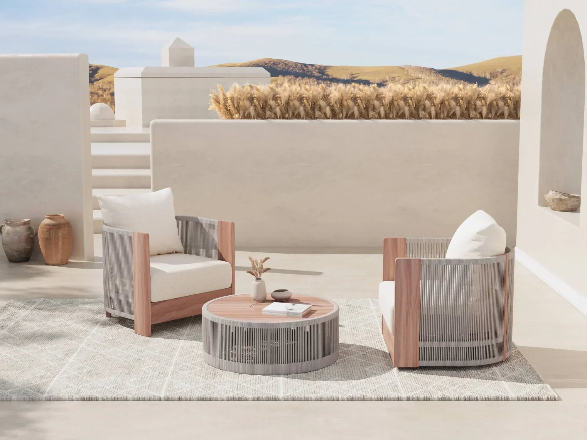 3 Piece Rope Rattan Outdoor Set with Swivel Chair Table - Image 2