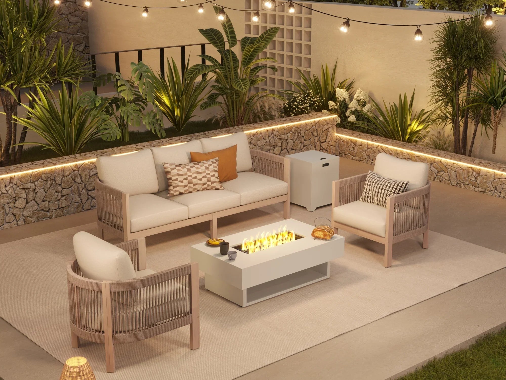 Wooden outdoor furniture set with fire pit table - Image 2