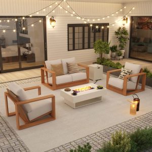 Alternative view of 4 seat eucalyptus outdoor fire pit furniture set