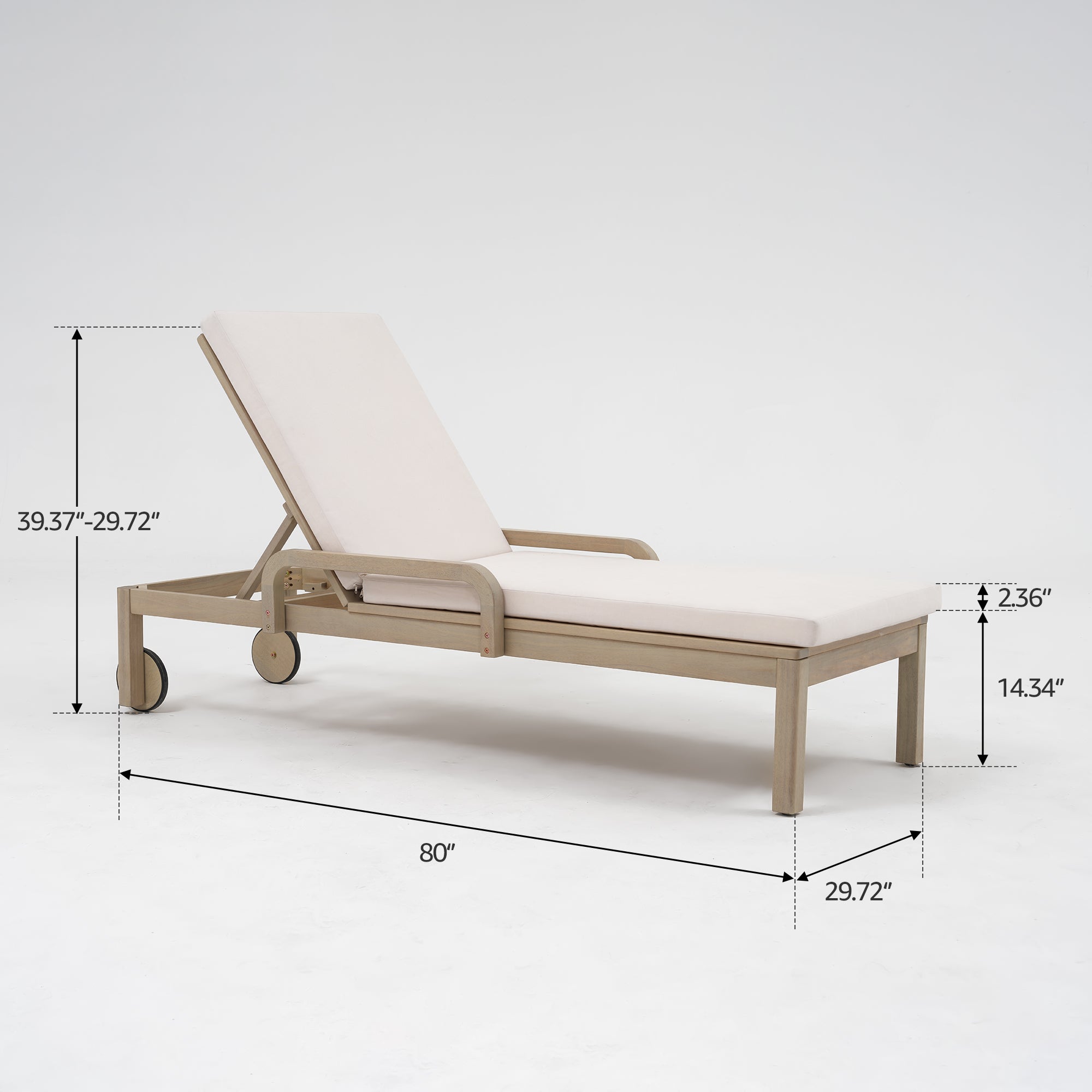 Wooden outdoor chaise lounge adjustable backrest wheels cushion - Image 8